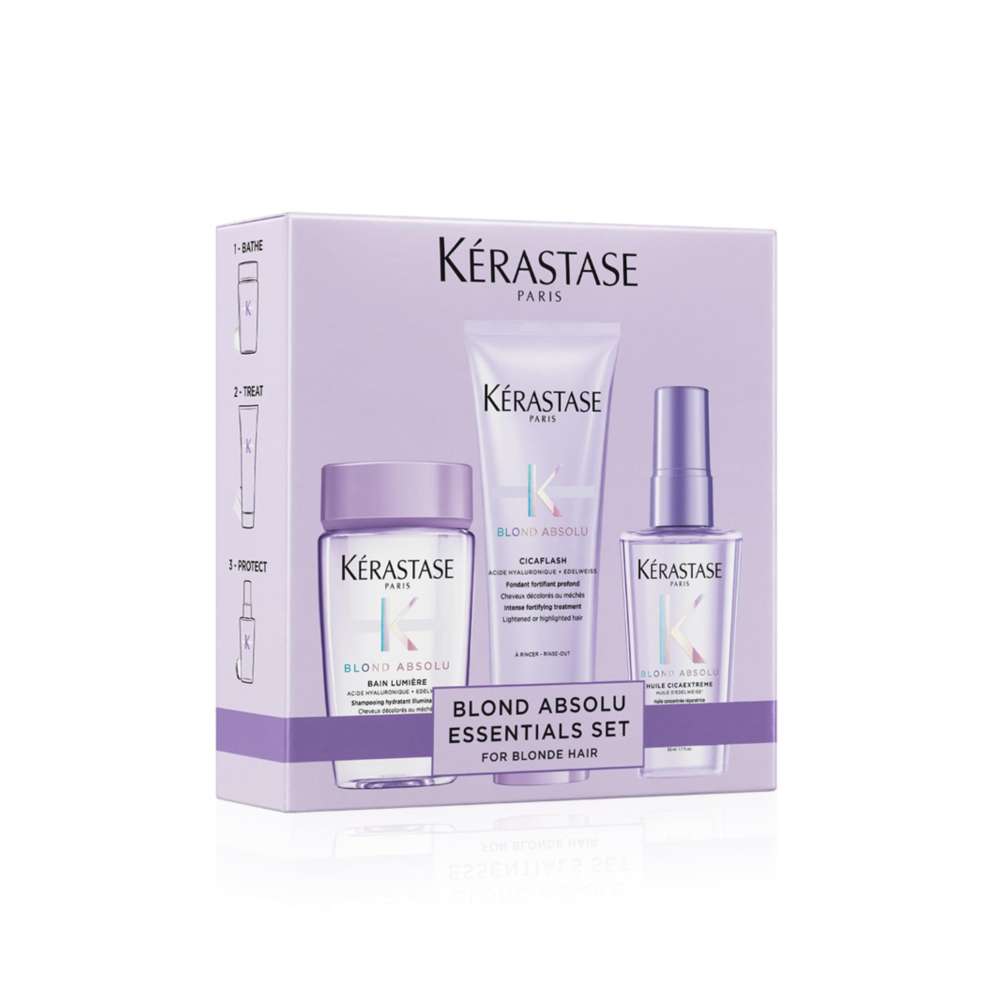 Kérastase, Blond Absolu, Kit con Rutina Capilar con Champú Bain Lumière (80ml), Acondicionador Cicaflash (75ml) y Aceite Cicaextrême (50ml), Con Ácido Hialurónico, Para Cabello Rubio y Decolorado