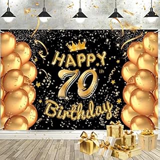 AOLOA 50th Happy Birthday Backdrop Banner - Large Black & Gold Happy Birthday Banners Bunting Balloon Fireworks Party Sign 50th Photo Booth Backdrop Party Decorations Supplies for Men Women