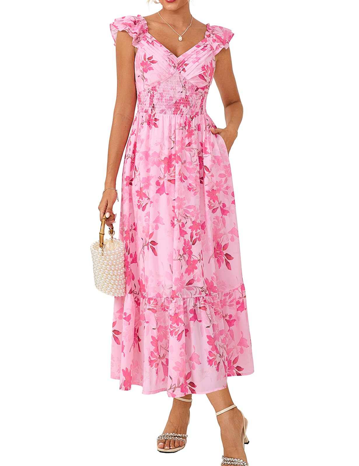 GRACE KARIN Damen Elegant Blumenkleid, Rüschenärmel V-Ausschnitt Kleid Damen Sommer mit Tasche, Sommerkleid Damen Leicht Strandkleid