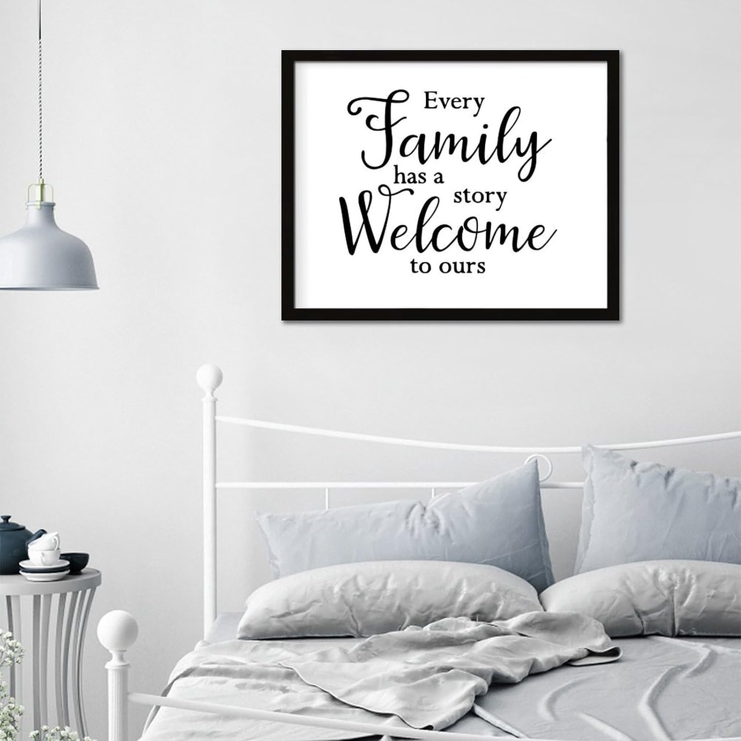 Every Family Has A Story Welcome to Ours Wooden Wall Table Sign Farmhouse Shelf Wall Art Motto Decor Wood Plaque Motivational Faith Scripture Biblical Framed Wooden Sign for Kitchen Offices 16x20in