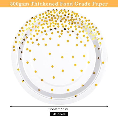 Miniatura 2 de Aneco 60 platos de papel desechables de 7 pulgadas, platos de postre de lunares blancos y dorados, platos de papel redondos para bodas, despedidas
