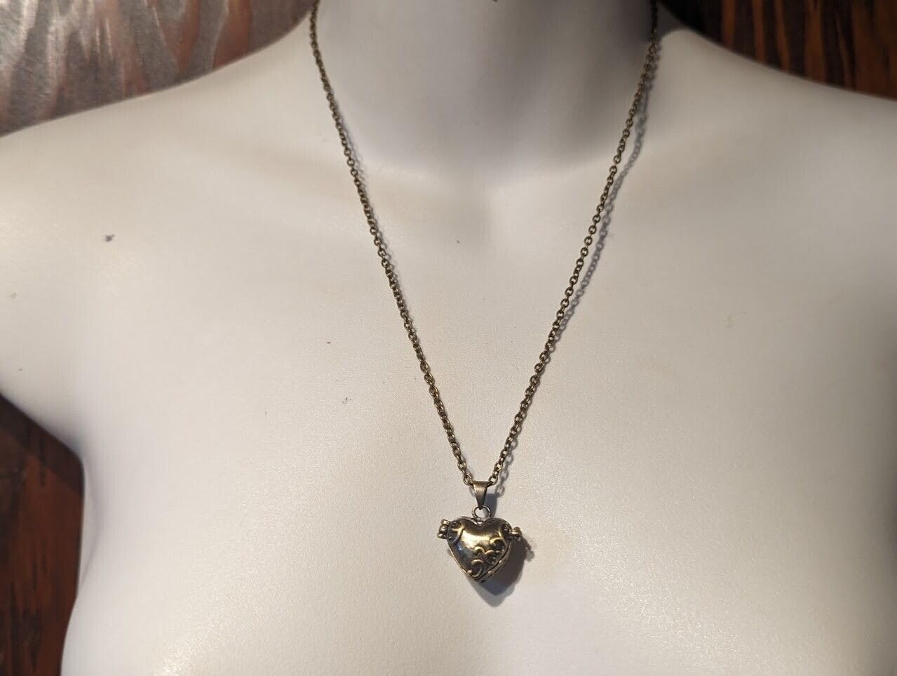 Bronze Heart Shaped Locket little prayer box pendant on 20" long chain necklace