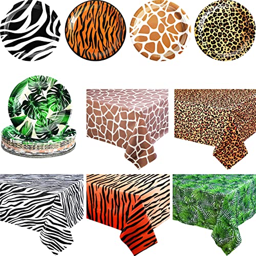 57 Pack Jungle Theme Party Supplies Include 5 Pcs Animal Safari Theme Zoo Print Table Cover And 52 Pcs Disposable Plates Zoo Animal Print Party Paper Plates, Safari Tablecloth Safari Plates For Party #TOP8
