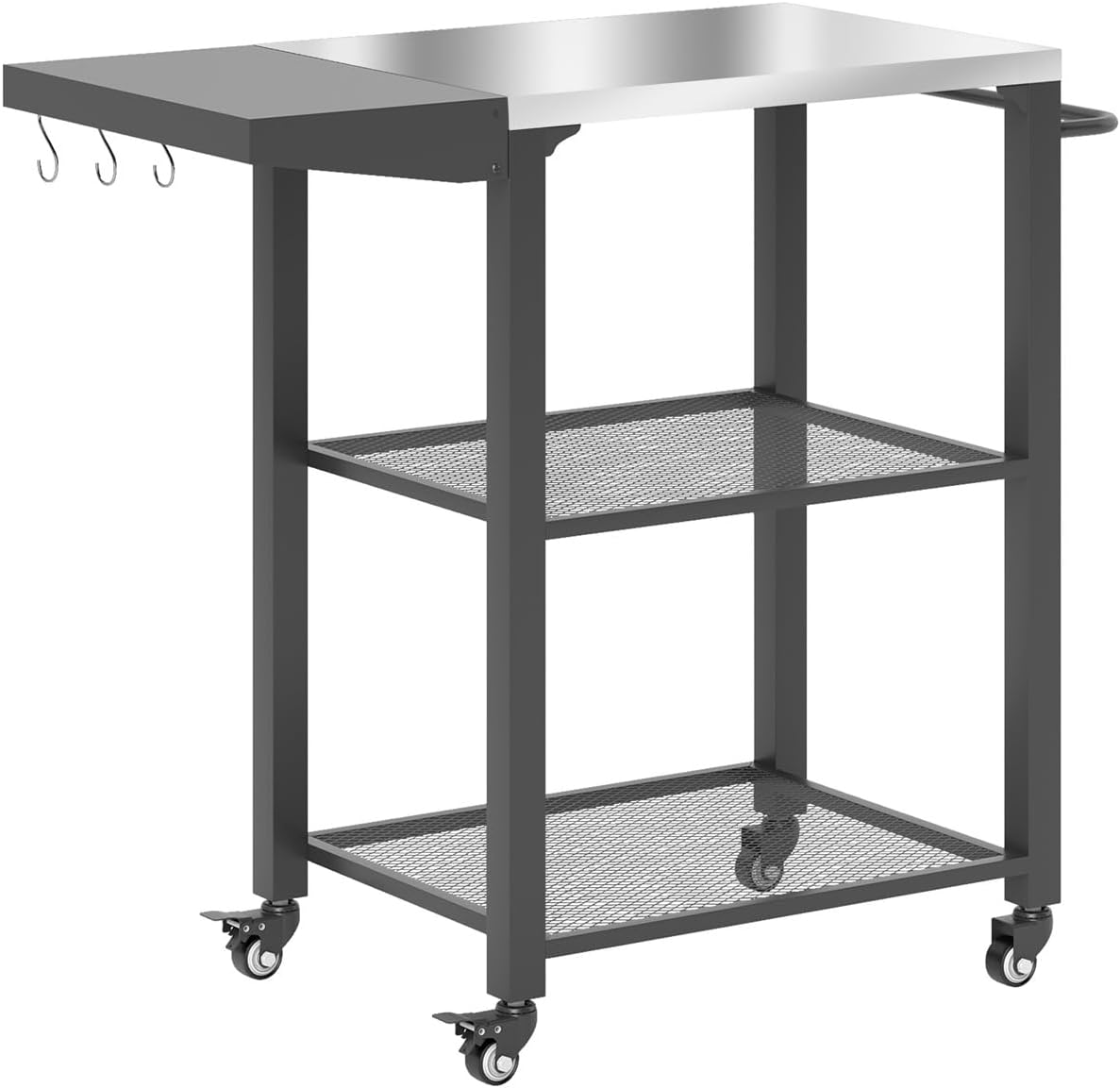Heavy-Duty Outdoor Grill Cart with Stainless Steel Top, Foldable Side Table, Tool Hooks, and Locking Casters for Patio Cooking