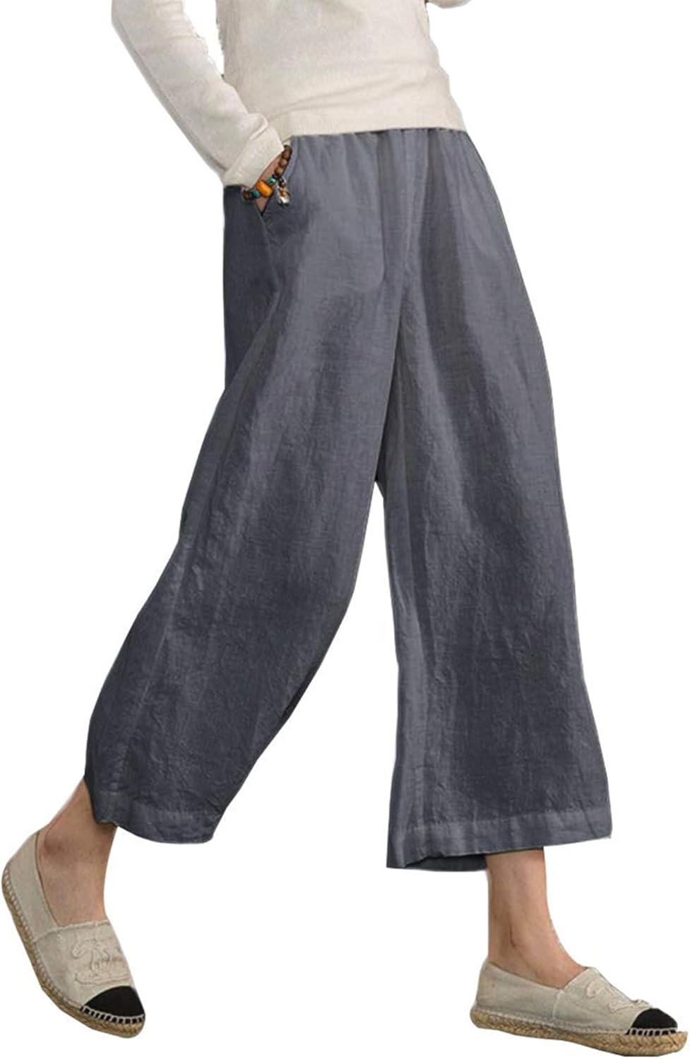 Womens Cotton Cropped Pants Loose Fit Wide Leg Capri Casual Plus Size Elastic Waist Trousers