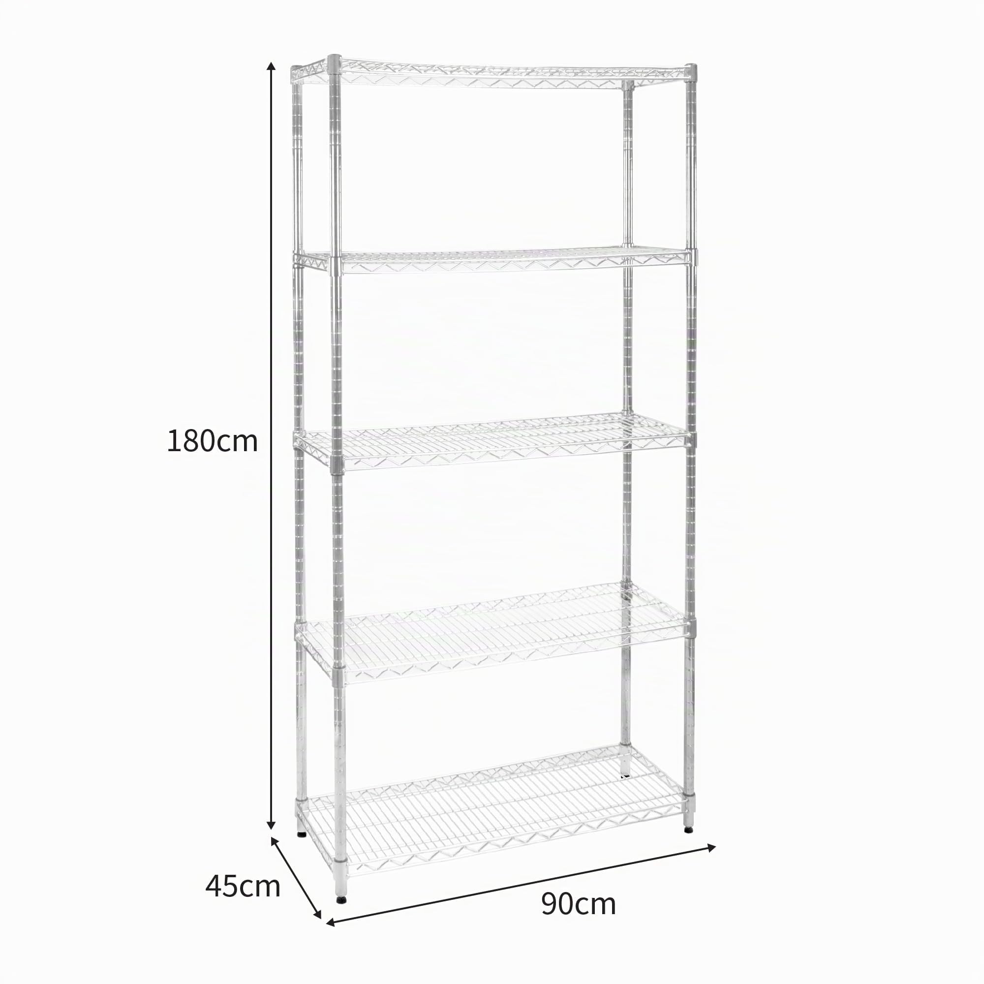 Estantería de Alambre 5 Niveles sin Tornillos Almacenaje Almacenamiento Metálico Acero Carbono Cromado Cocina Oficina Garaje 45x90x180cm con Estantes Ajustables Pies Niveladores Capacidad Peso 1000kg