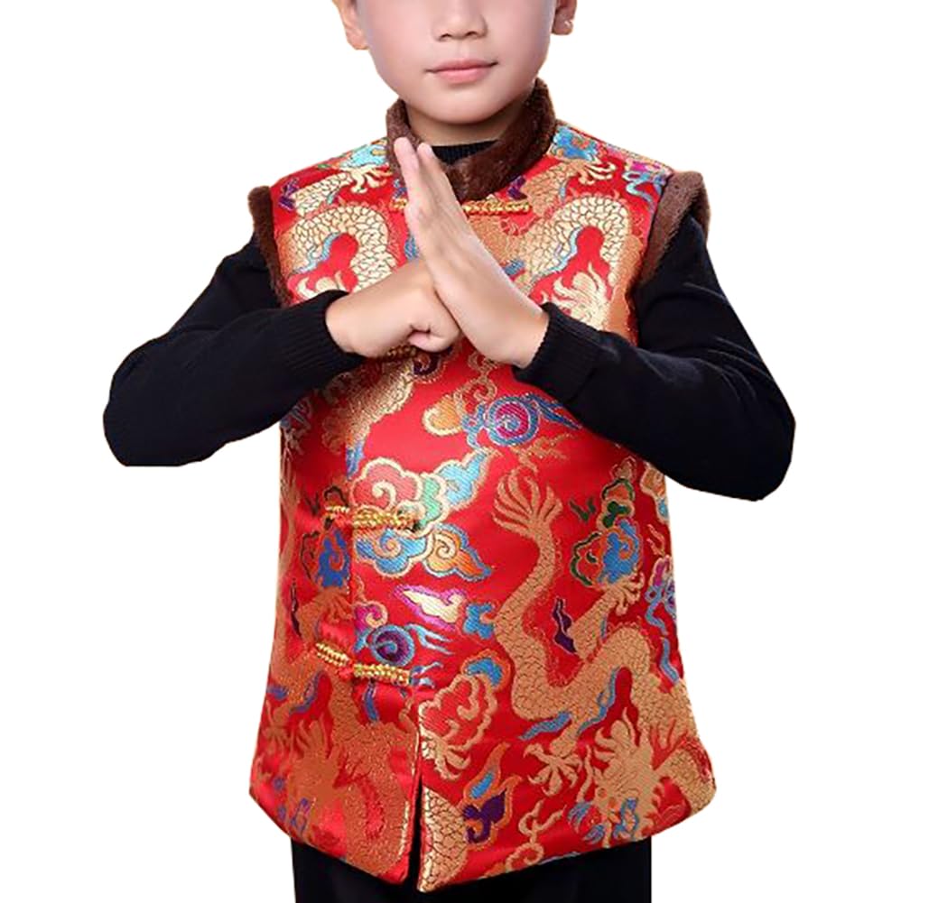 Only Faith Boys Dragon Printing Chinese Traditional Tang Suit Outdoor Padded Vest