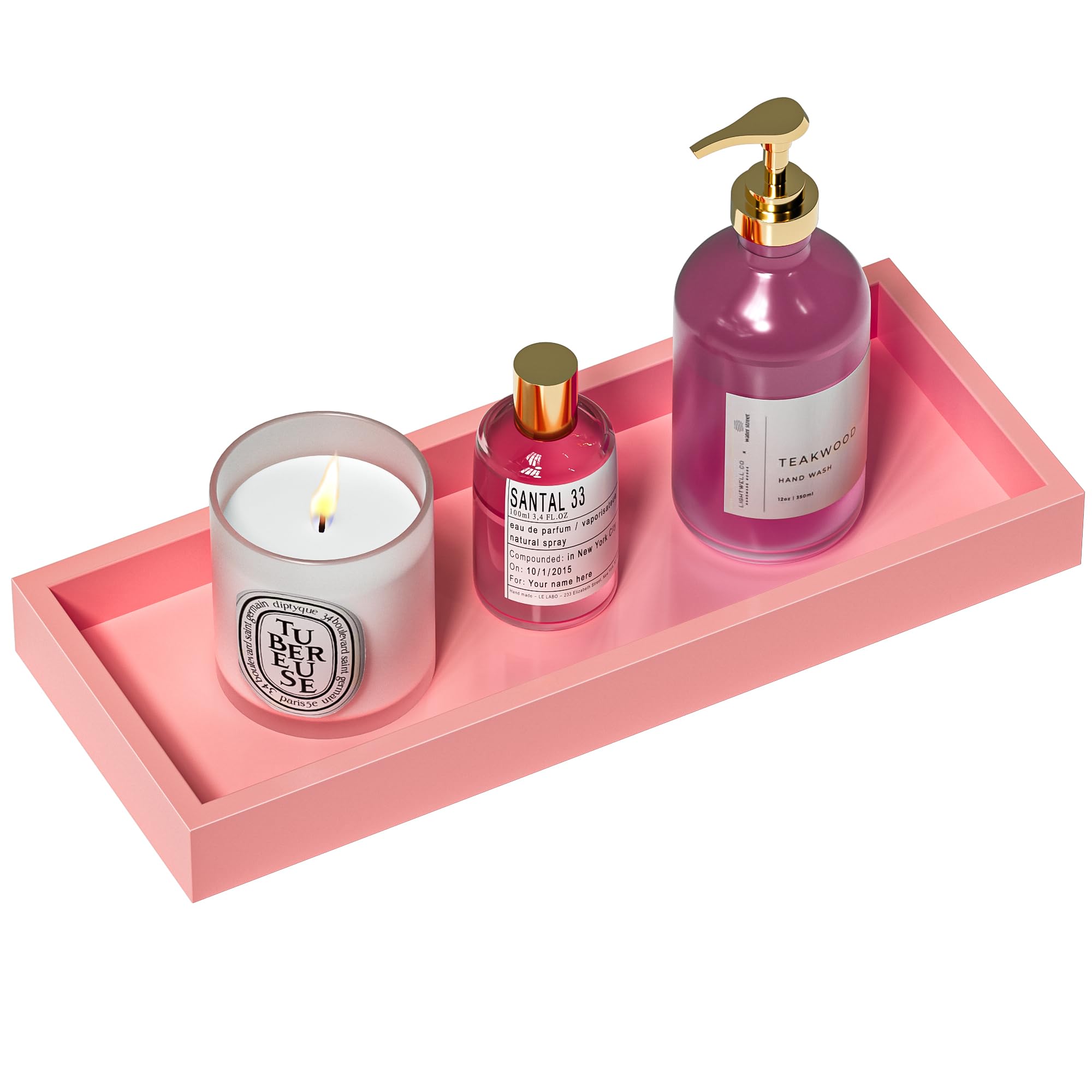 ZHWS Bathroom Vanity Tray for Perfume Decor Toilet Tank Candle Toiletries, Kitchen Tray for Soap Dispenser Spice Salt Coffee, Bamboo Nightstand Tray 11.3”x4.4” (Pink)