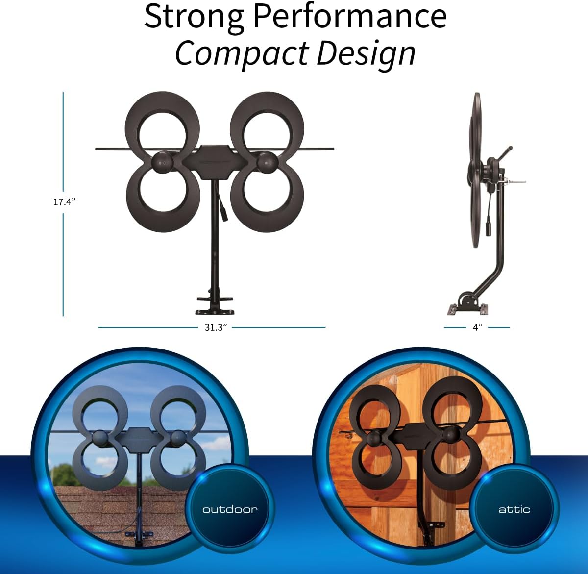 Diagram showing the dimensions of the ClearStream 4MAX antenna and examples of outdoor and attic installations
