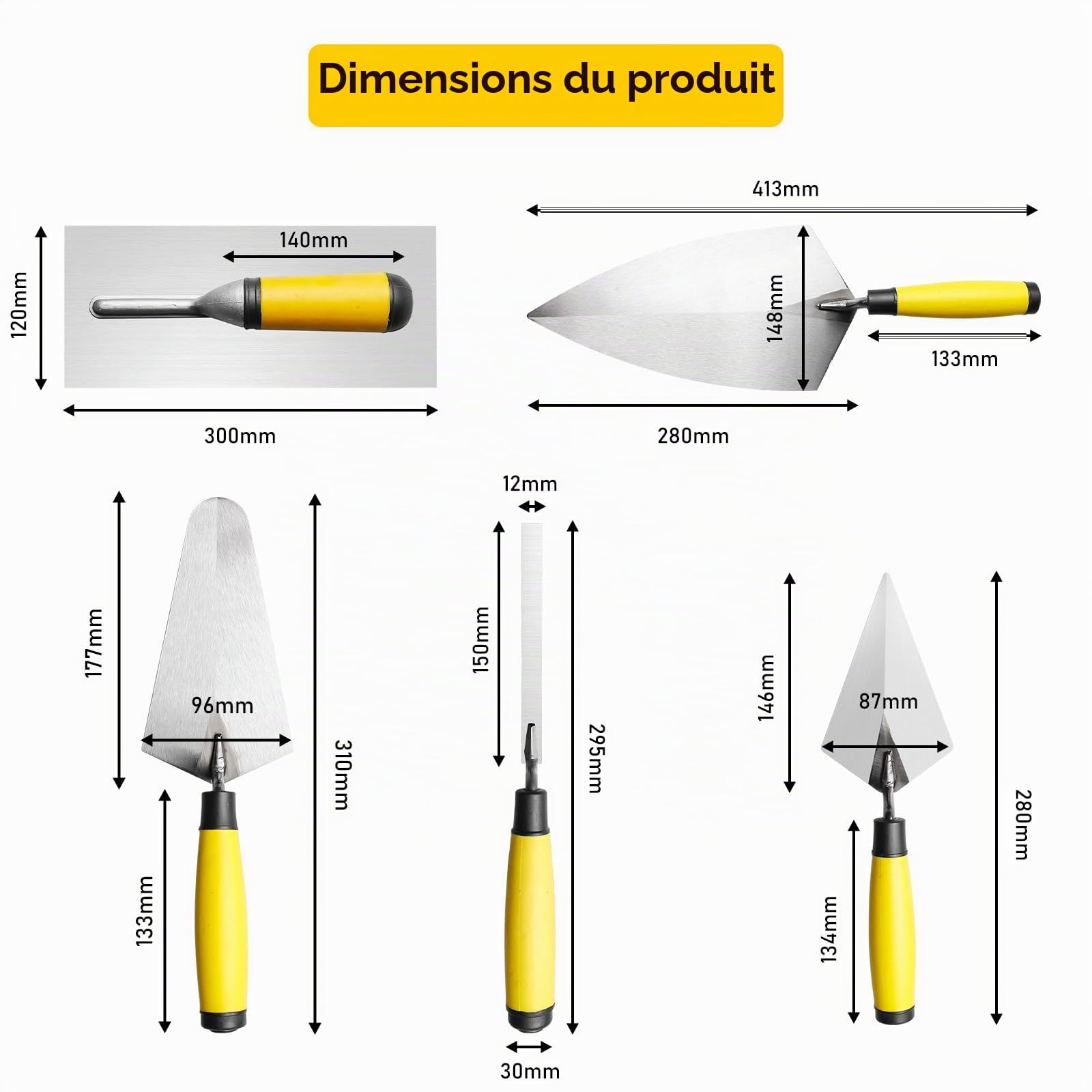 Truelle 5 pièces, truelles de maçon en acier inoxydable, truelle Pointue, truelle de jauge avec manche en caoutchouc, outil de stucage pour masses de plâtre, béton