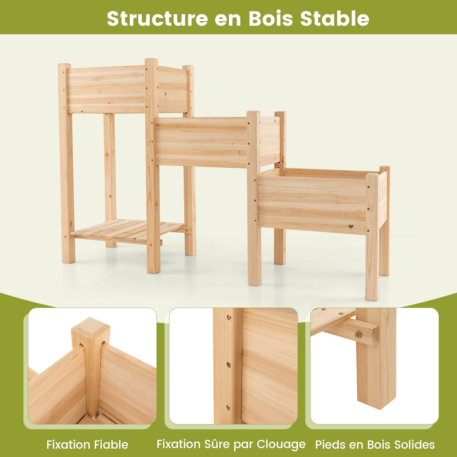 RELAX4LIFE Carré Potager Surélevé à 3 Étages en Bois | Jardinière Extérieure avec 3 Bacs à Plantes, Trous de Drainage et Étagère de Rangement Ouverte pour Fruits et Légumes