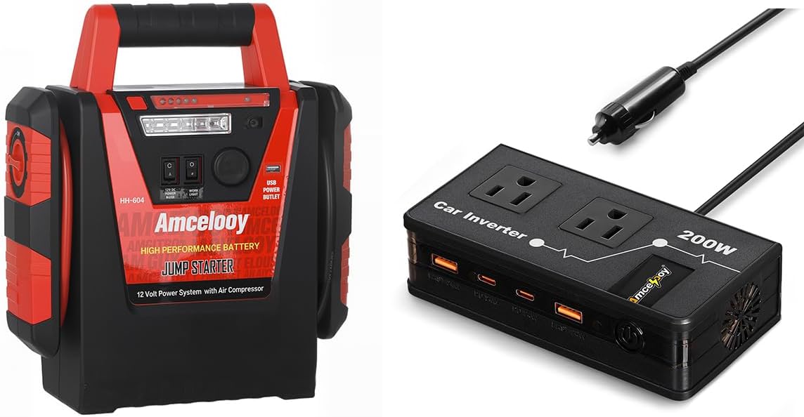 2000A Jump Starter with Air Compressor + 200W Car Power Inverter (Black)