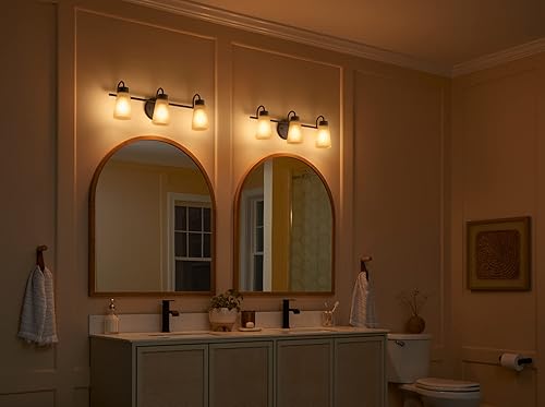 Miniatura 14 de Kichler Stamos - Lámpara de tocador de baño de 3 luces con pantallas de vidrio grabado satinado, lámpara de pared moderna de 22 pulgadas en bronce