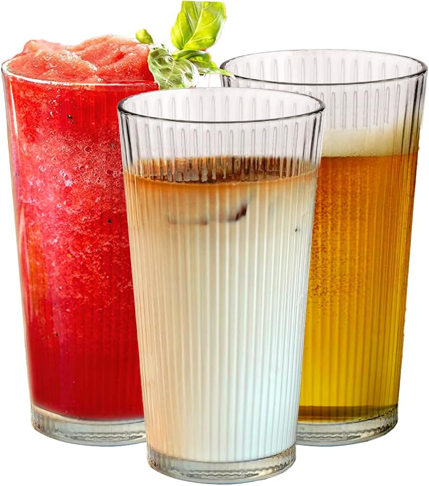 Amazon.com: Le'raze Set of 10 Drinking Glasses, 16oz Ribbed Clear Glass ...
