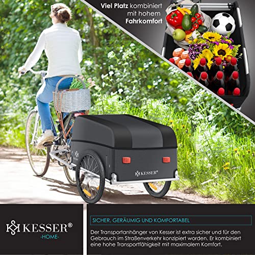 KESSER® Fahrradanhänger Lastenanhänger Transportanhänger Hochdeichsel mit Kupplung Hochdeichsel Anhänge für Fahrrad Transportbox 120 Liter Inkl. Regenschutz mit Klappfunktion & Fahne 40Kg Schwarz