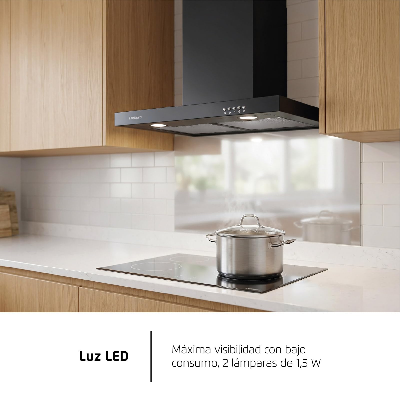 Corberó - Dekoracyjny dzwonek poziomy 60 cm | VOSTOK660B | 647,7 m3/h Przepływ | 165W | 3 prędkości | 2 filtry aluminiowe i węglowe | Efektywność energetyczna A, czarny
