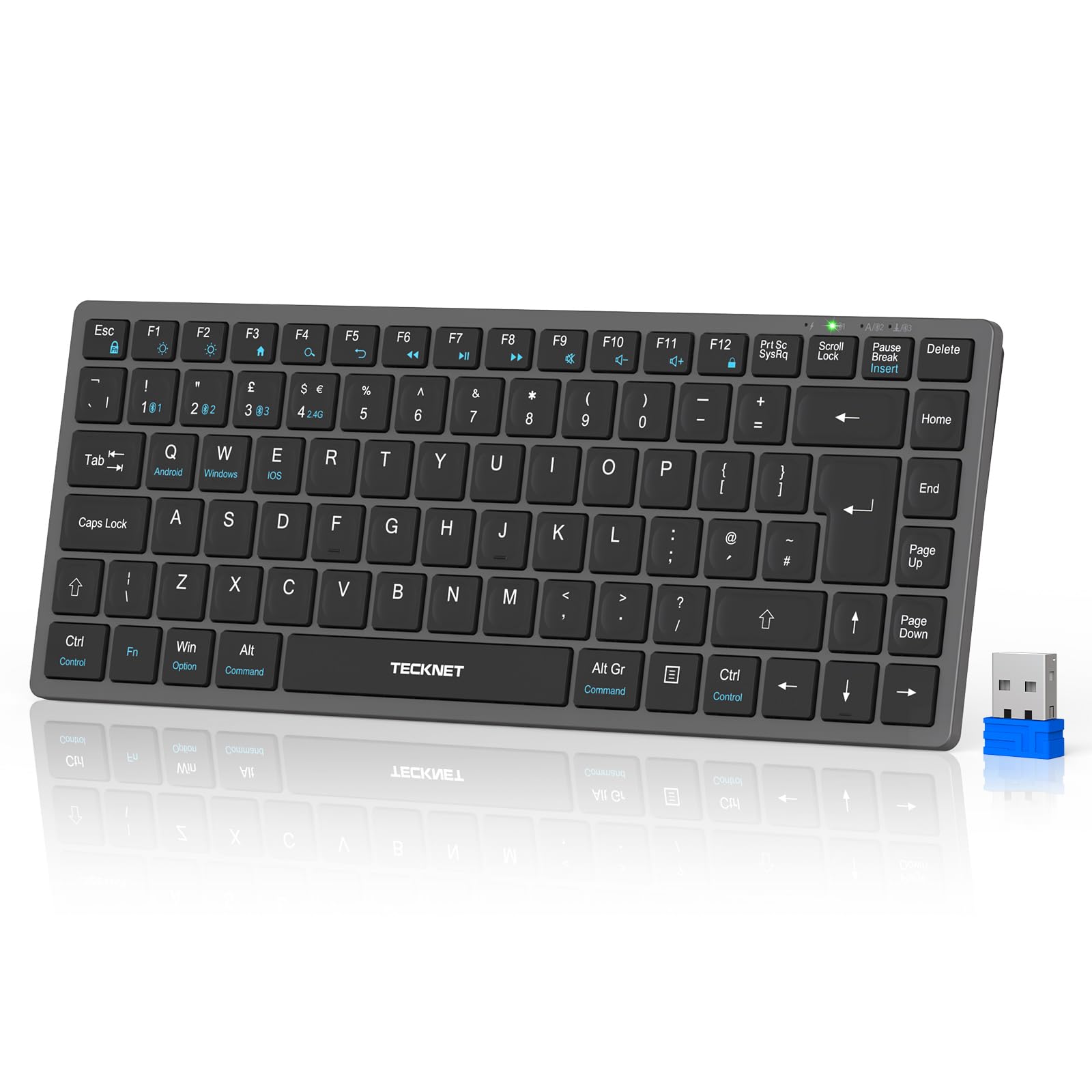 TECKNET 2.4G Wireless Keyboard, Rechargeable Bluetooth Keyboard for 4 Multi Devices, QWERTY UK Layout Compact Mini keypad, Small Silent Keys for Laptop, Phone, Smart TV, Computer, Tablet - Silver — view 9