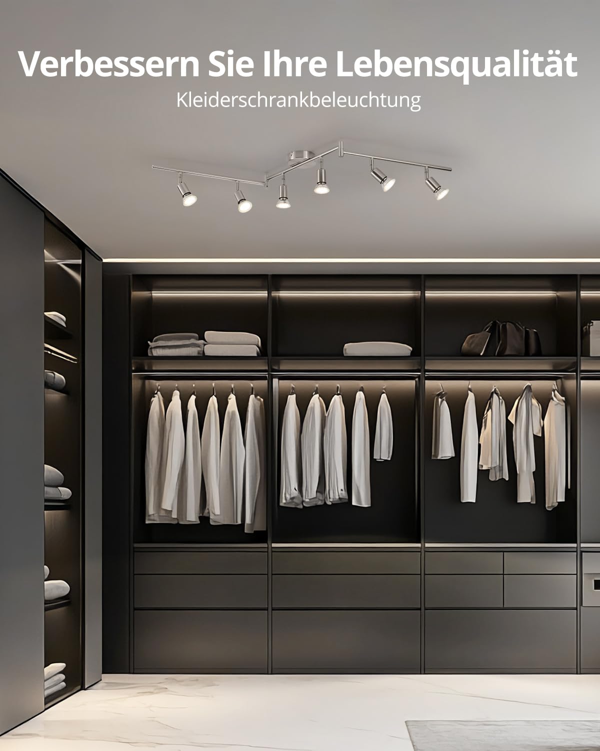 BOJIM Drehbare Küchendeckenleuchte, verstellbare Schlafzimmerstrahler, Nickel LED Schienenbeleuchtung, 6 Wege Deckenlampe innen, 6 GU10 Glühbirnen, 6W 4000K für Wohnzimmer, Fitnessstudio, Büro