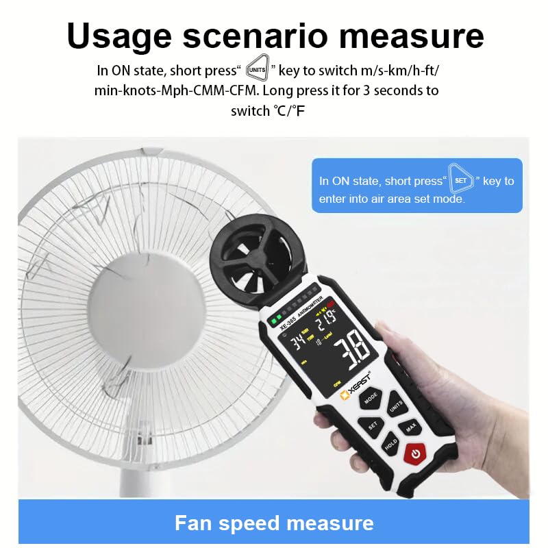 User holding the XEAST XE-365 Anemometer to measure fan speed, with instructions for unit and set key usage.