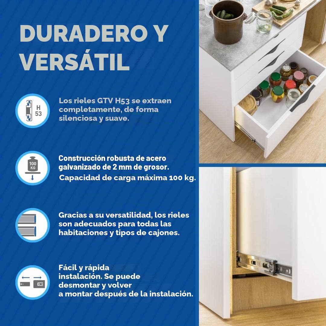 GTV - Set de Guias Correderas para Cajones de Extracción Total 53.9 x 700 mm, Acero Galvanizado de 2 mm, Correderas Telescopicas, Rieles Cajones Soporta hasta 100 kg, Rieles para Cajones - 4 Piezas