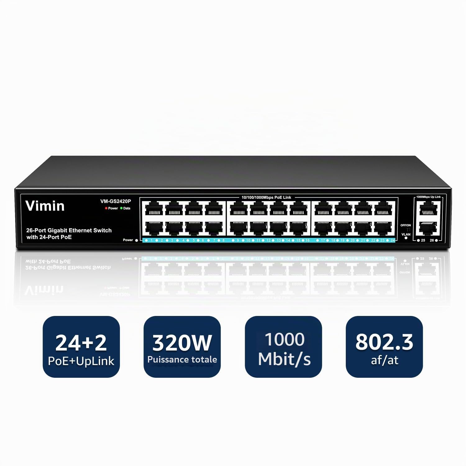 VIMIN Commutateur PoE Gigabit 24 Ports avec 2 Ports Montants Gigabit, Commutateur Ethernet PoE Non Géré 26 Ports avec Une Puissance de 320W, Prise en Charge de IEEE802.3af/at, VLAN, Boîtier en Métal