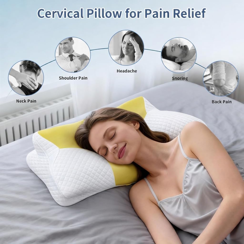Cervical Neck Pillow for Pain Relief - Ergonomic Cooling Neck Support Pillow,Orthopedic Contour Memory Foam Side Sleeper Pillows with Breathable Ice Silk Pillowcase for Side Back Stomach Sleeper