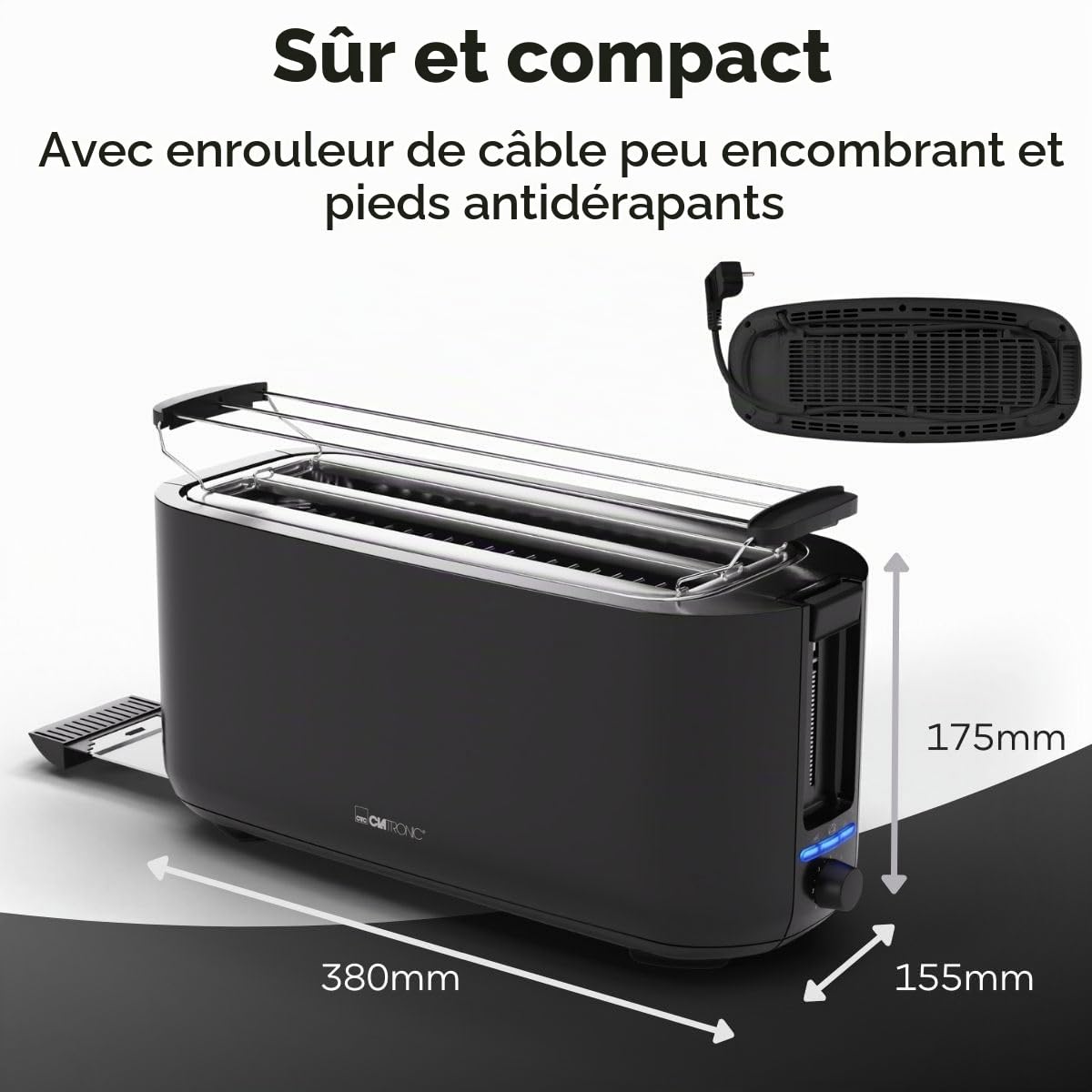 Grille-pain 4 tranches Clatronic | avec support pour petits pains | Grille-pain | Grille-pain à fentes longues | pour petits pains grillés et gaufres prêtes à consommer | TA 3802 noir