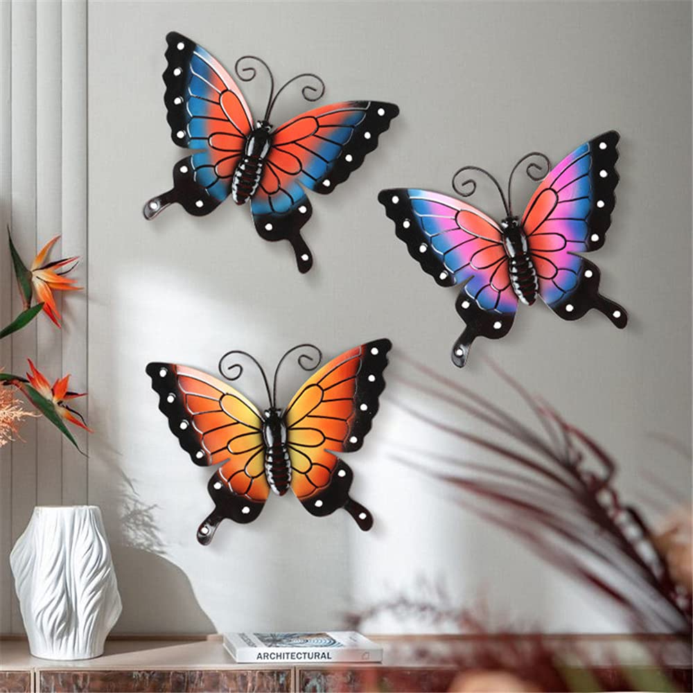 Treer 3PCS Metal Butterfly Wall Art Decor Large Butterfly Hanging Wall Deocrations Colourful 3D Metal Butterfly Garden Ornaments for Indoor Outdoor Yard Sheds Walls Fences (Style A)