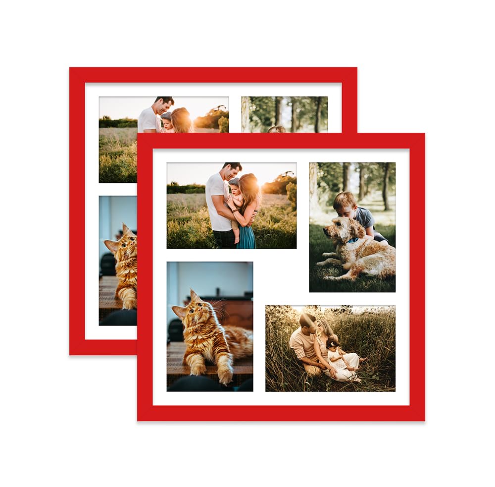Red Multi Photo Frame - Holds 4 x 6x4 Pictures, Family Collage Picture Frame for Wall Display, 12x12 Frame size, Set of 2