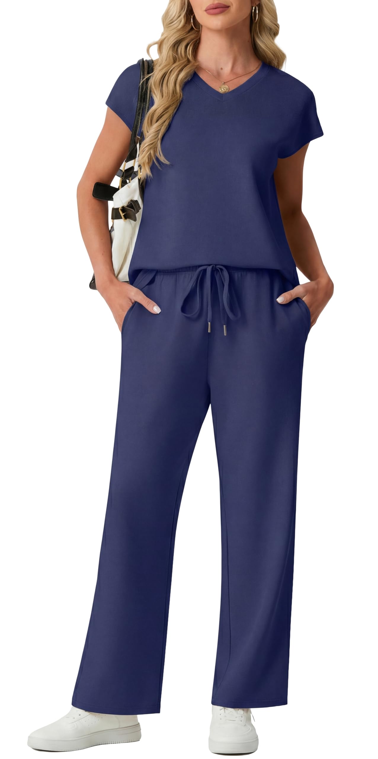 GRECERELLE Survêtement d'été à manches courtes pour femme - Tenue décontractée à col rond - Haut et pantalon de sport avec poches
