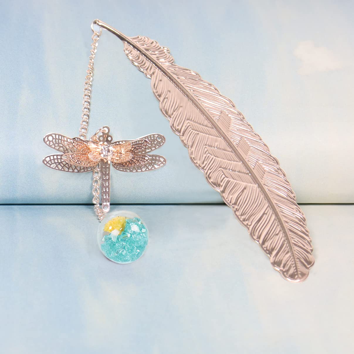 Vintage Metal Bookmark with 3D Dragonfly Pendant - Gift for Women Readers, Teachers (Blue), Rosegold Feather Blue Ball - Image 3
