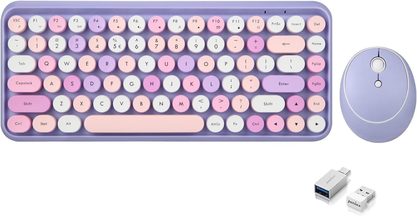 PERIDUO-713PP Wireless Mini Keyboard and Mouse Combo - Retro Round Key Caps - Pastel Purple - US English Layout (PD-713PPUS-11953)