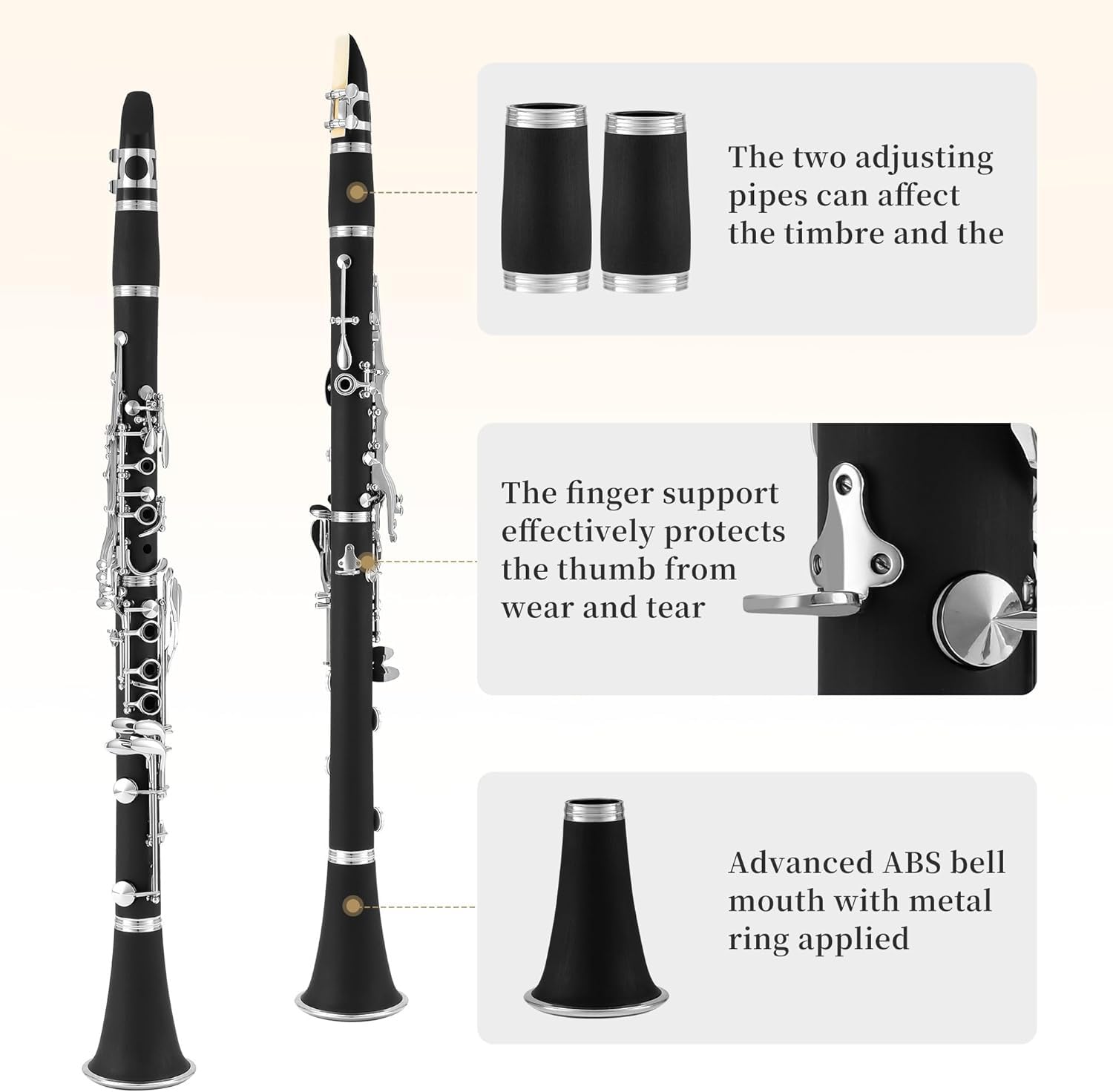 Clarinette Sib, Clarinet 17 Clés en Nickel pour Débutants, Clarinette si Bémol Professionnel ABS avec Étui Rigide, Chiffon de Nettoyage, Gants, Tournevis, Noir