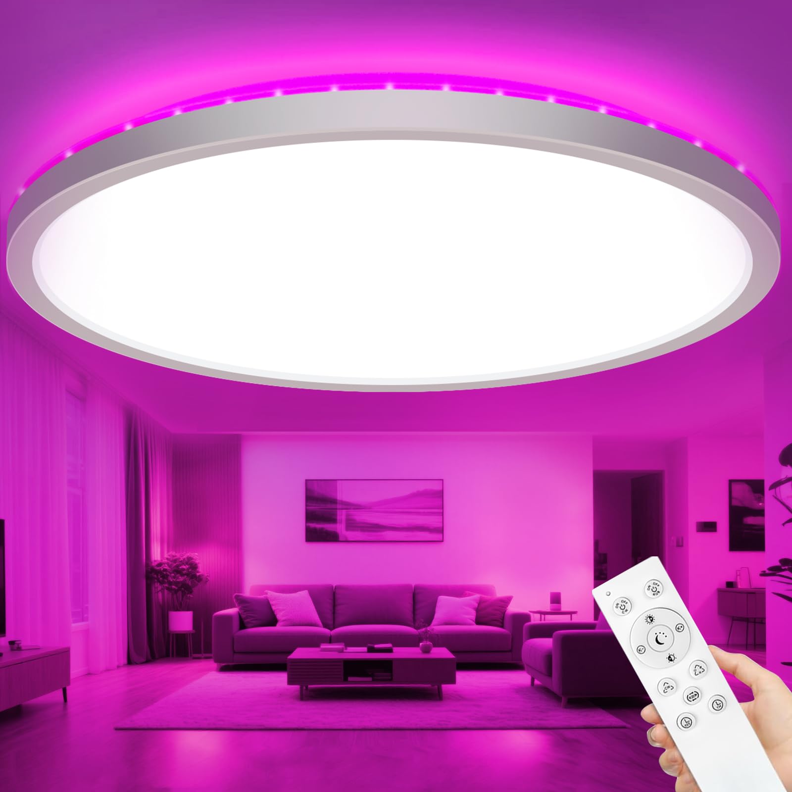 zemty 60cm LED Deckenleuchte Dimmbar Mit Fernbedienung, 50W 5040LM RGB Deckenlampe 3000K-6500K, IP54 Wasserfest Badezimmer Lampe Decke Für Schlafzimmer Kinderzimmer Wohnzimmer Schwarz