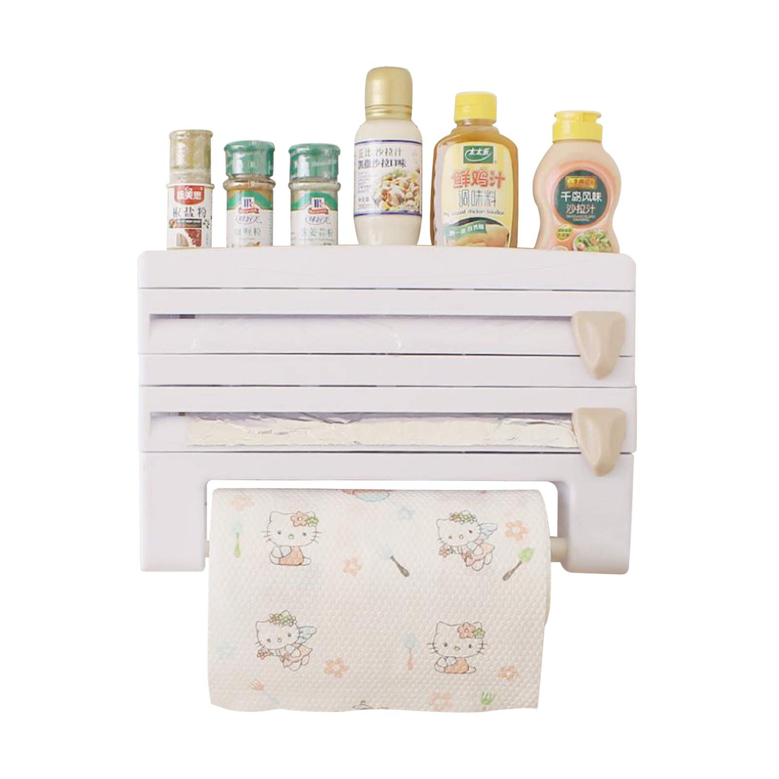 Wall Mounted 4-in-1 Wall-Mount Paper Towel Holder Kitchen Spice Rack Roll Holder Towel Paper Dispenser Organizer Shelf with Foil Film Cling Cut White