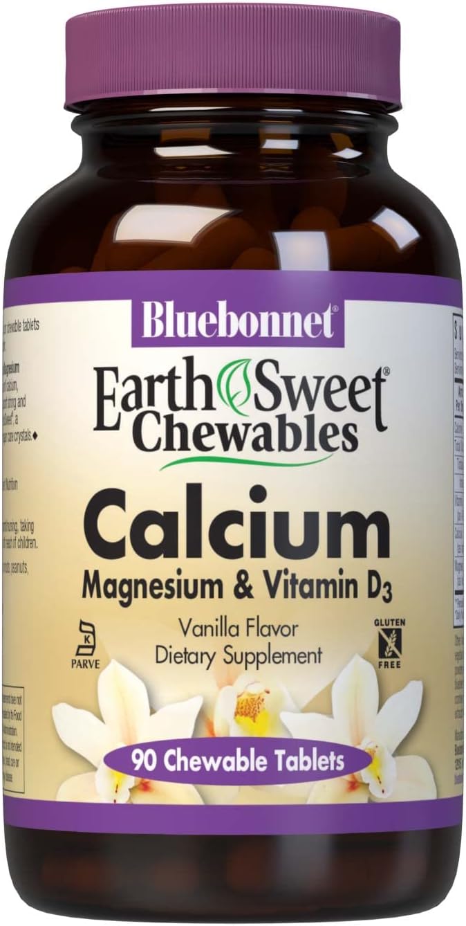 Bluebonnet Nutrition Calcium Magnesium Plus Vitamin D3 Earthsweet, Bone Health & Muscle Relaxation, Soy-Free, Gluten-Free, Kosher Certified, Dairy-Free, 90 Vanilla Flavored Chewable Tablets : Health & Household