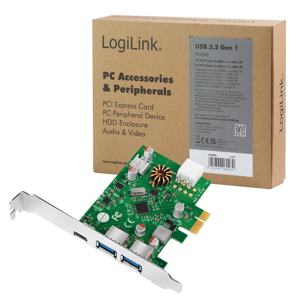 LogiLink PCI Express karta USB 3.2 (Gen1) z 1 x USB-C (Power Delivery 3.0) i 2 x USB-A