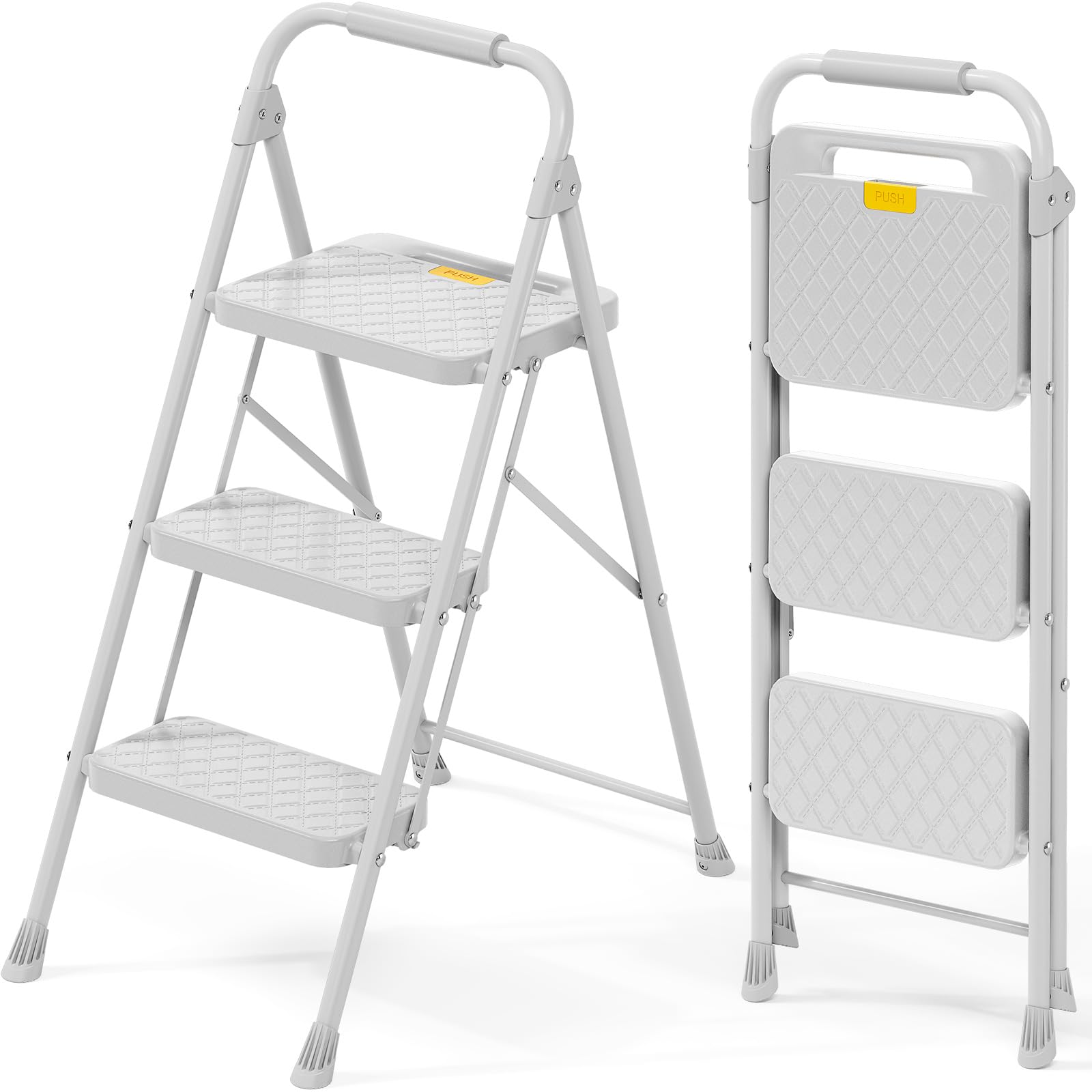 KINGRACK Escalera de 3 peldaños Plegable de Acero, Bloqueo de Seguridad, peldaños Anchos Antideslizantes, Capacidad 150 kg, Ligera y portátil con pasamanos para hogar, Cocina y Garaje