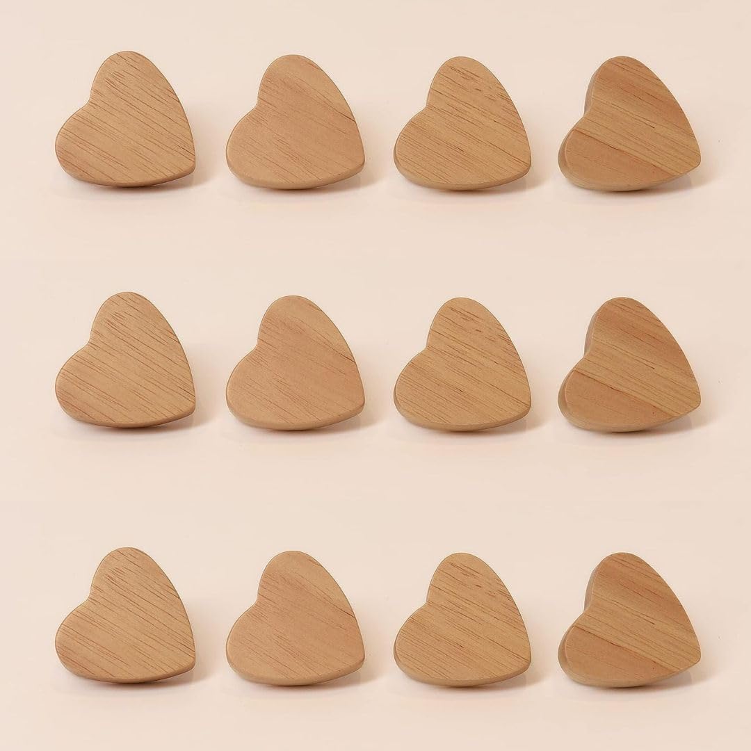 Möbelknöpfe Holz Herz 12 Stück - Schrankknöpfe Kinder, Holzknöpfe für Kommoden, Möbelgriffe Holz 12er Set