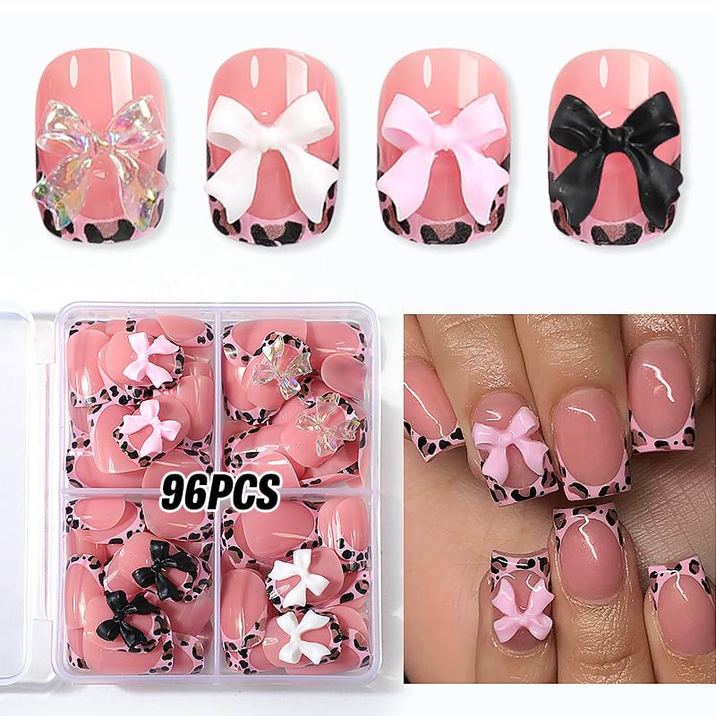 4Packs 96Pcs French Tip Press on Nails Short Square Fake Nails Pink Leopard French Acrylic Nails Bow Charms Glue on Nails Kit for Women Girls Manicure Decoration Set 12 Size
