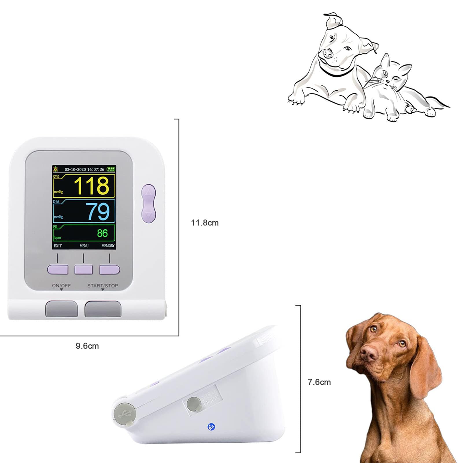 Equipo veterinario digital veterinario monitor de presión arterial brazalete perro/gato/mascotas, cuidado de animales, 3 modos, 3 puños, esfigmomanómetro electrónico, medición de oxígeno en sangre