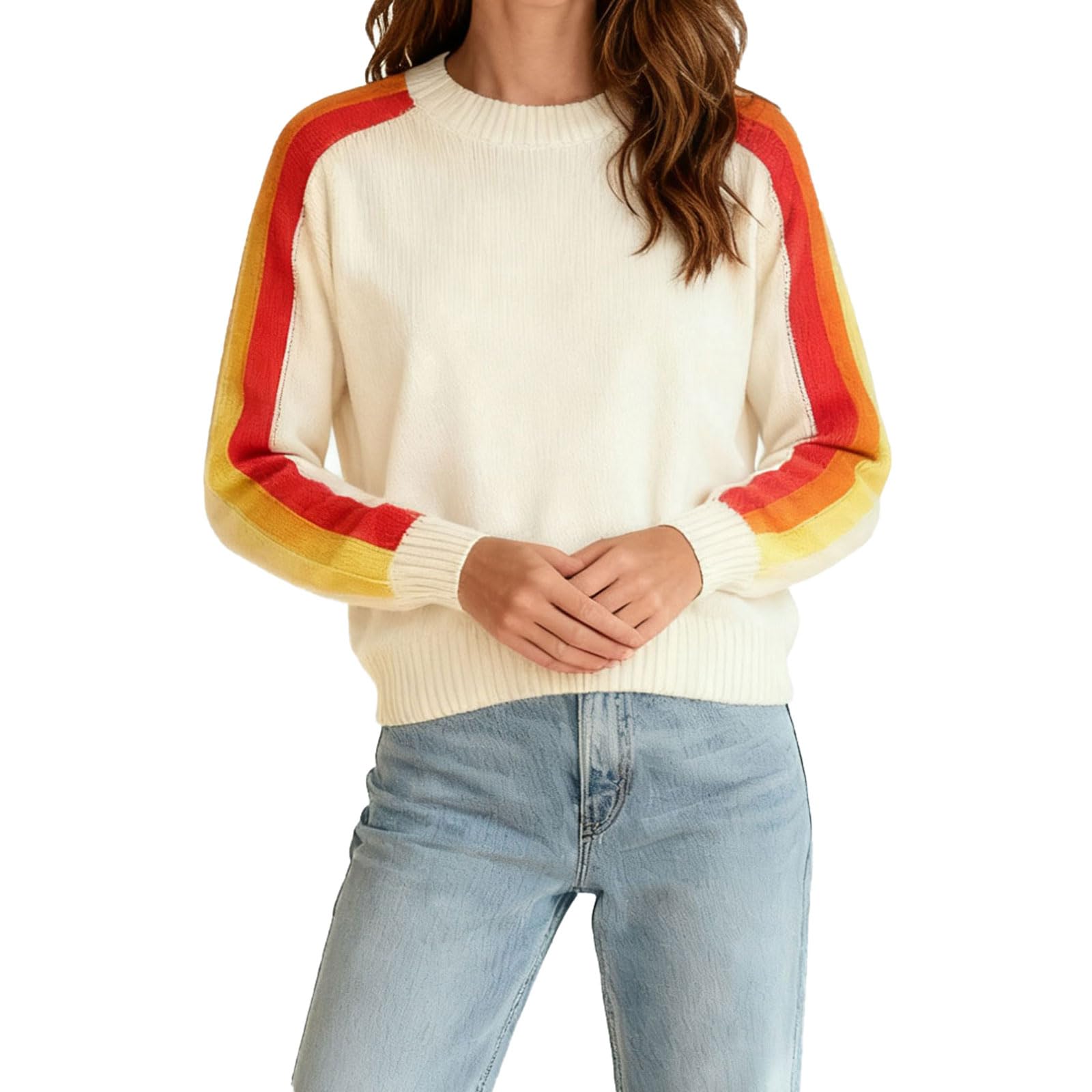 Womens Retro Rainbow Stripe Crew Neck Sweater Cream White Knit Pullover with Multicolor Sleeve Detail Long Sleeve