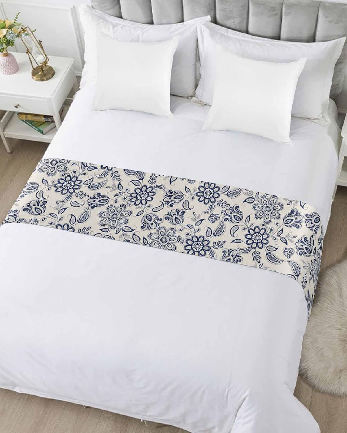 Vintage Blue Tribal Floral Bed Runners for Bedroom Hotel,Decorative Bedding Scarf Abstract Ethnic Flower Botanical Bed End Blanket Bedding Runner Scarves for Queen Size Beds,94x20in