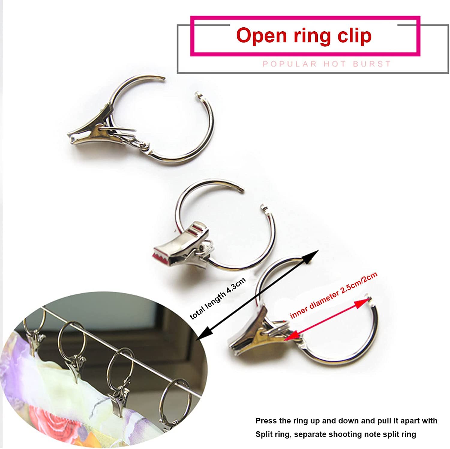 EISTEE Gardinenringe, Gardinenhaken, Aufhängeringe, 20 Stück Gardinenklammern aus Metall, Gardinenringe, Gardinenringe for Aufhängen, dekorativer Ring, Schlüsselring (Color : 2.5cm Open)