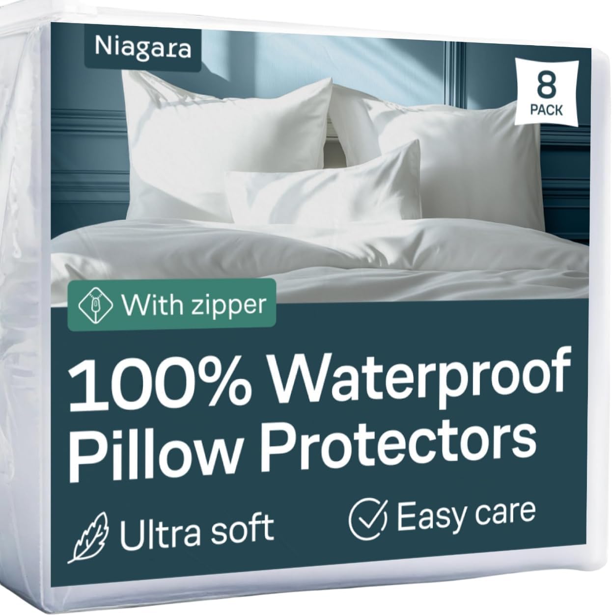 Niagara 8 Pack Waterproof Pillow Protectors Queen 20x30 Inches Smooth Zipper Premium Encasement Covers Quiet Cases Set White