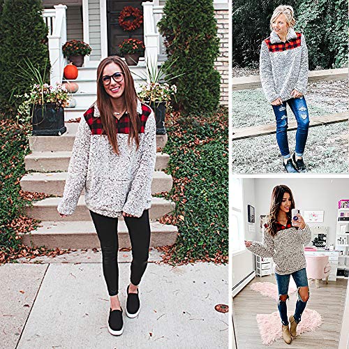 BTFBM Women Fashion Color-Block Plaid Print Warm Fleece Long Sleeve Sweatshirt Zipper Sherpa Pocket Pullover Jacket Tops (Brown, Medium)