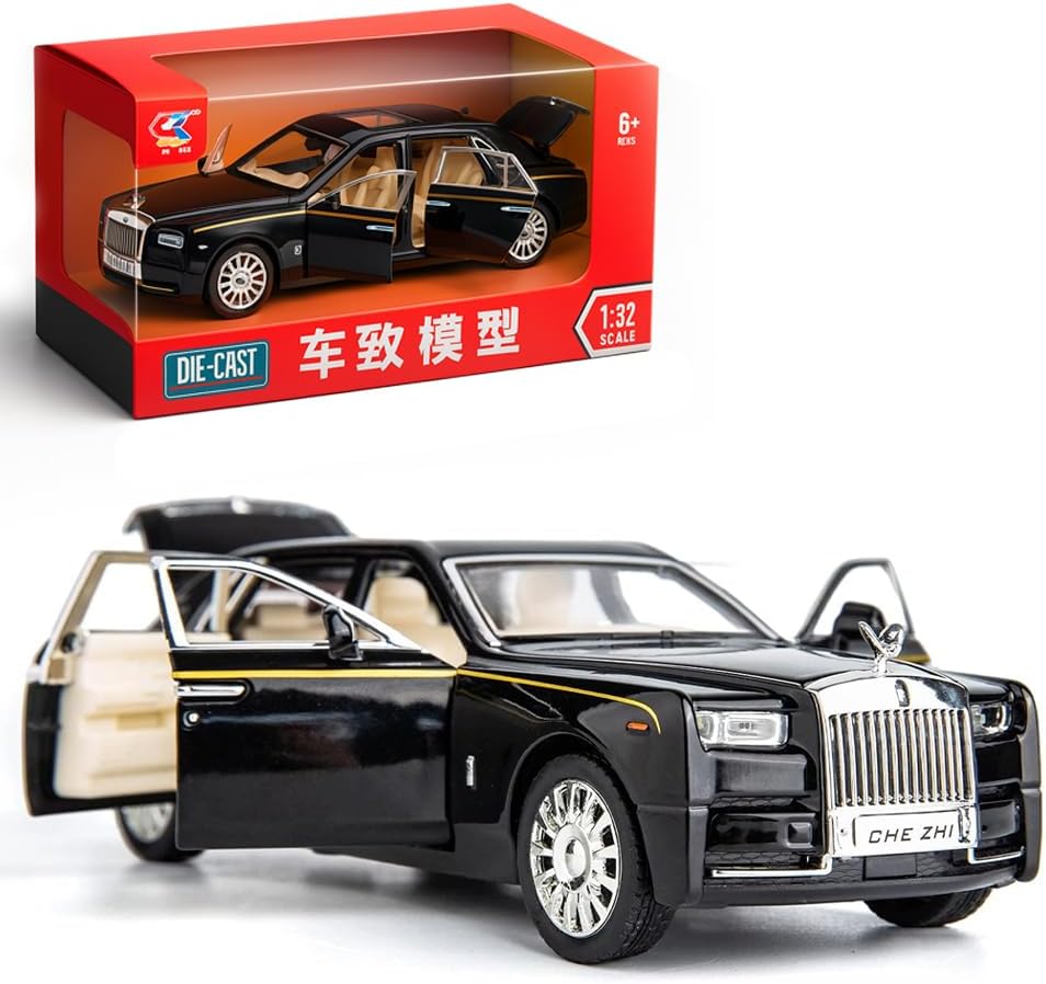 AMERTEER Alloy Rolls Royce Model Car 1:32 Car Model For Rolls-Royce Phantom Car Model Boy Toy Diecast Toy Cars With Sound & Light & 6 Open Doors For Kids Boy Girl Collect Gift SUV Model Car Toy -Black