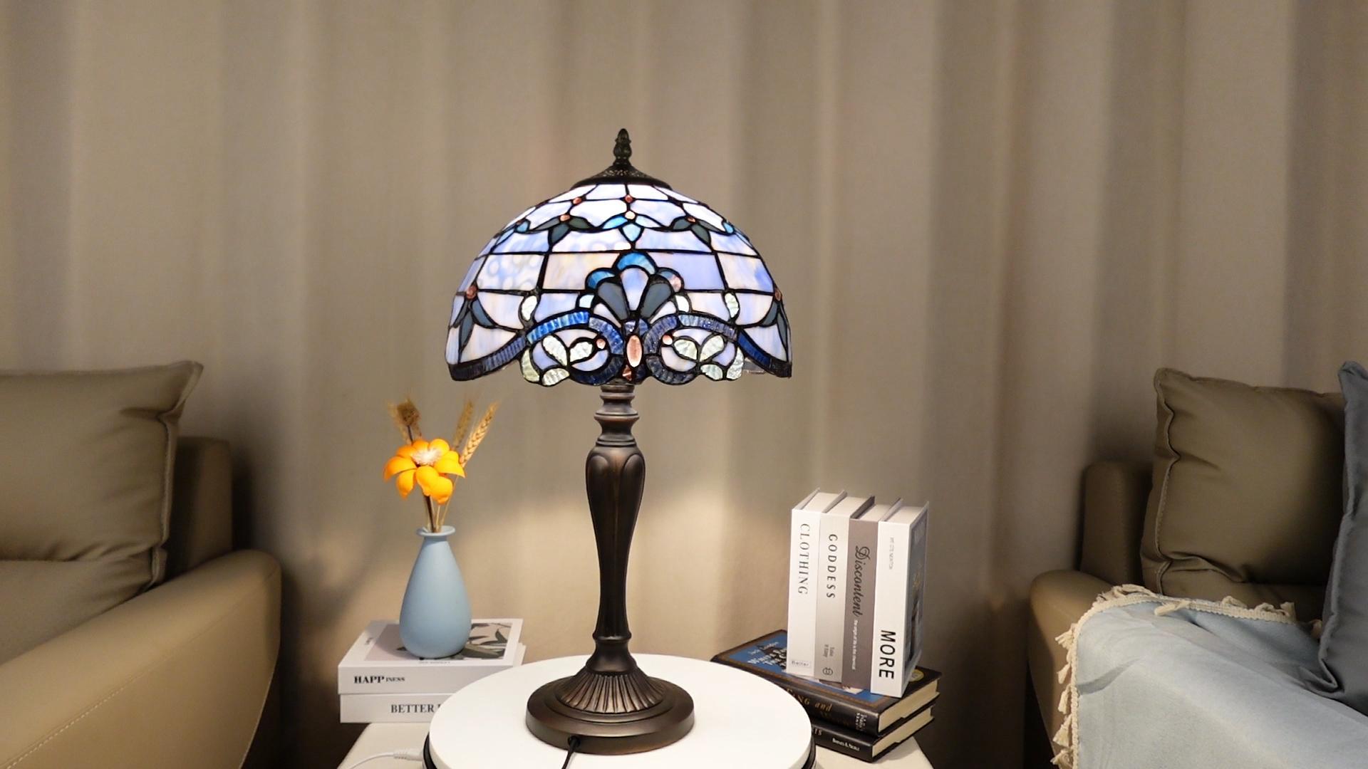 Image of TL0015 Tiffany Table Lamp, Blue Baroque Stained Glass Shade, W12xOH21.5in, LED Bulb Included, for Bedroom Living Room (Blue Baroque)