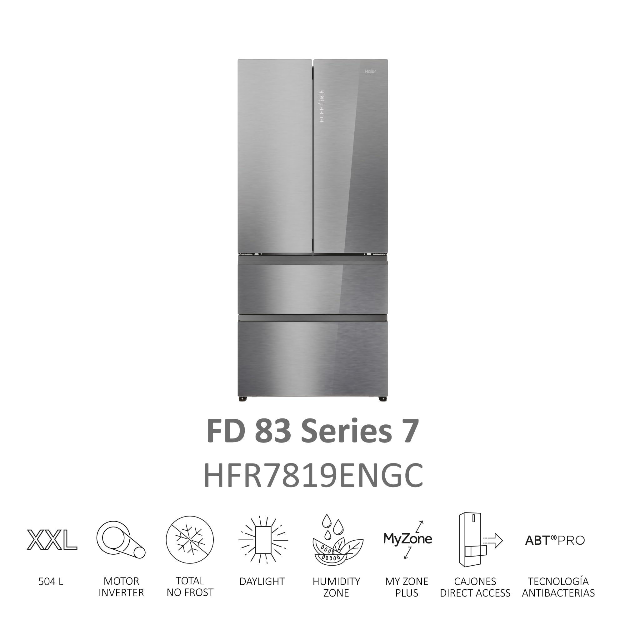 Haier FD 83 Series 7 HFR7819ENGC - Frigorífico Puerta Francesa, 504L, Cajones Direct Access, AirFlow, WIFI, Motor Inverter, Humidity Zone, Total No Frost, Ancho 83cm, Daylight, Glass Inox Look