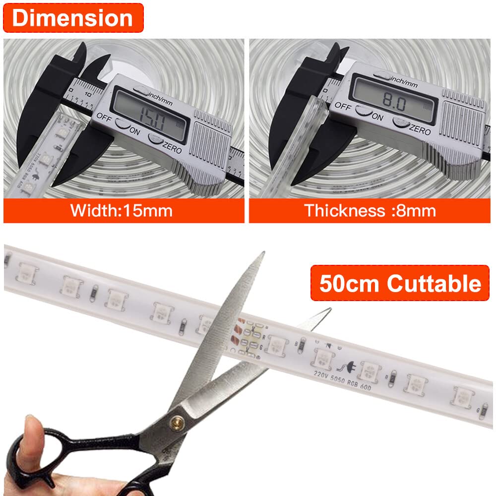 XUNATA 15m Striscia LED Flessibile 220V 5050 RGB con Telecomando, 60 LED/m, IP65 Impermeabile, Decorazione di Ingegneria Luce